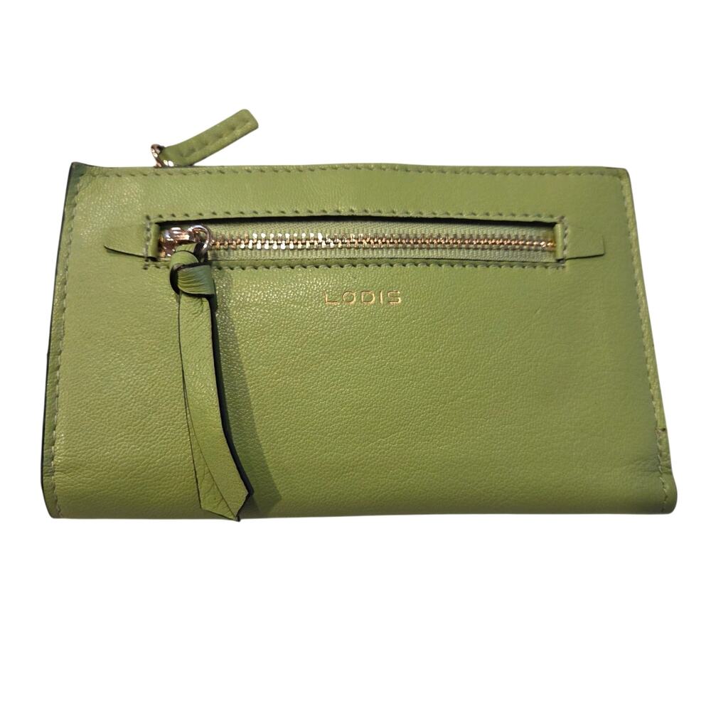 Lodis Ellie Bifold Leather Wallet Chartreuse Green RFID Zip Pockets Retro Luxury